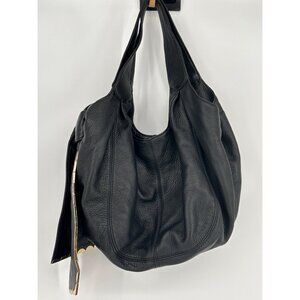 Gianni Bini Black Leather Hobo Bag With Leopard Print Lining & Gold Scallop Trim